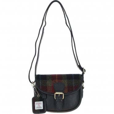 Ashwood Leather & Harris Tweed® Cloth Saddle Bag Black/Green/Red: TW-26-07-BR