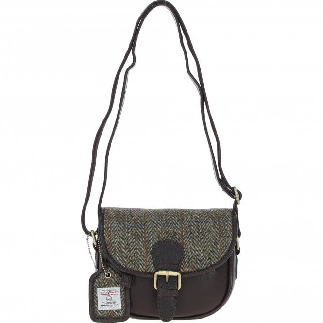 Ashwood Leather & Harris Tweed® Cloth Saddle Bag Brown/Green: TW-26-09-BG