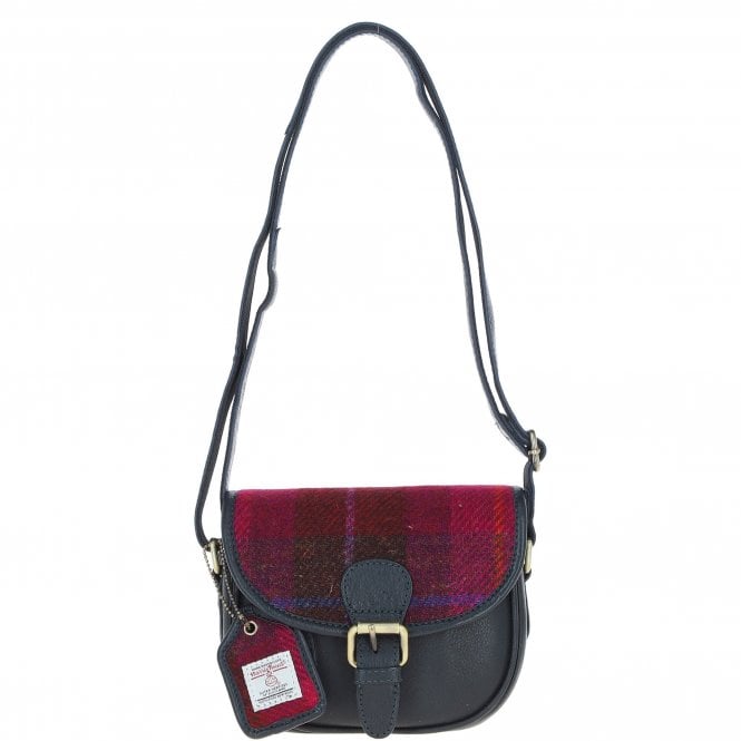 Ashwood Leather & Harris Tweed® Cloth Saddle Bag Navy/Pink: TW-26-06-NP