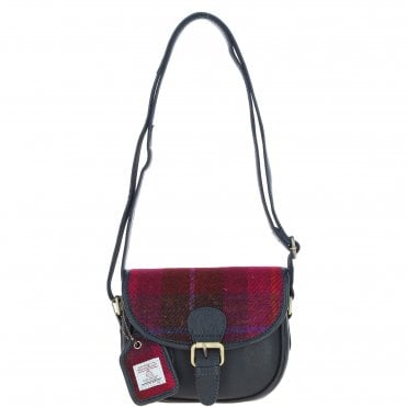 Ashwood Leather & Harris Tweed® Cloth Saddle Bag Navy/Pink: TW-26-06-NP