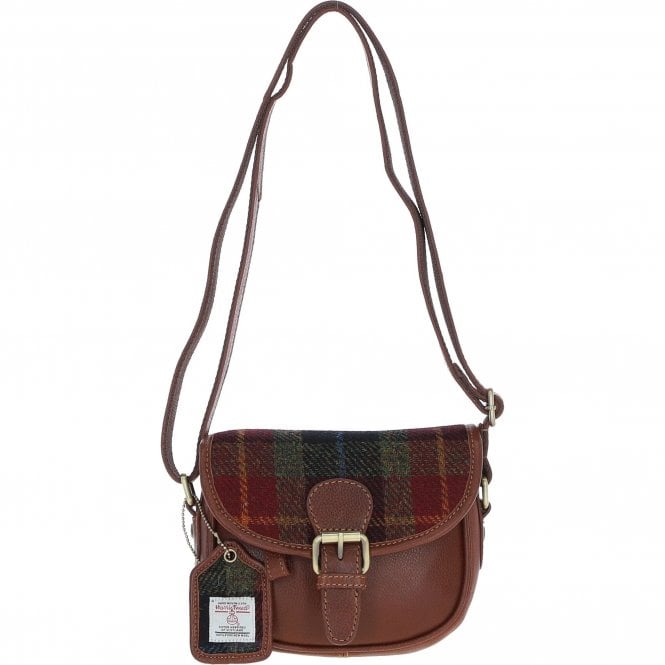 Ashwood Leather & Harris Tweed® Cloth Saddle Bag Tan/Green/Red: TW-26-08-TR