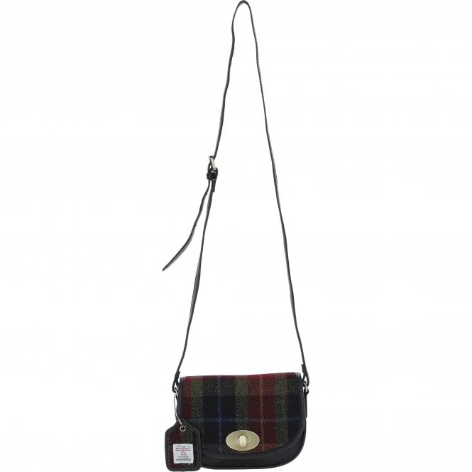 Ashwood Leather & Harris Tweed® Cloth Saddle Crossbody Bag with Twist Lock Black/Green/Red: TW-30-07-BR