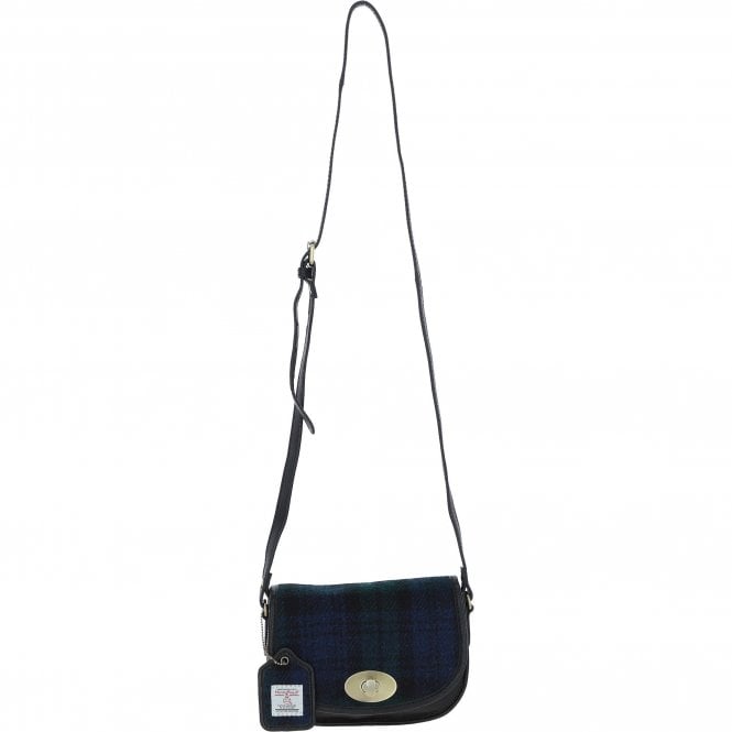 Ashwood Leather & Harris Tweed® Cloth Saddle Crossbody Bag with Twist Lock Black/Watch: TW-30-03-BW