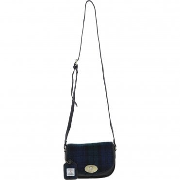 Ashwood Leather & Harris Tweed® Cloth Saddle Crossbody Bag with Twist Lock Black/Watch: TW-30-03-BW