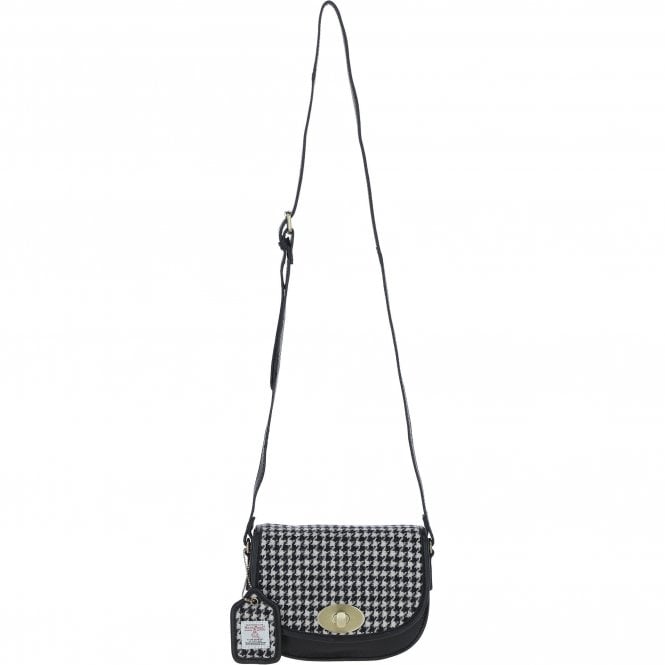 Ashwood Leather & Harris Tweed® Cloth Saddle Crossbody Bag with Twist Lock Black/White: TW-30-012-BW