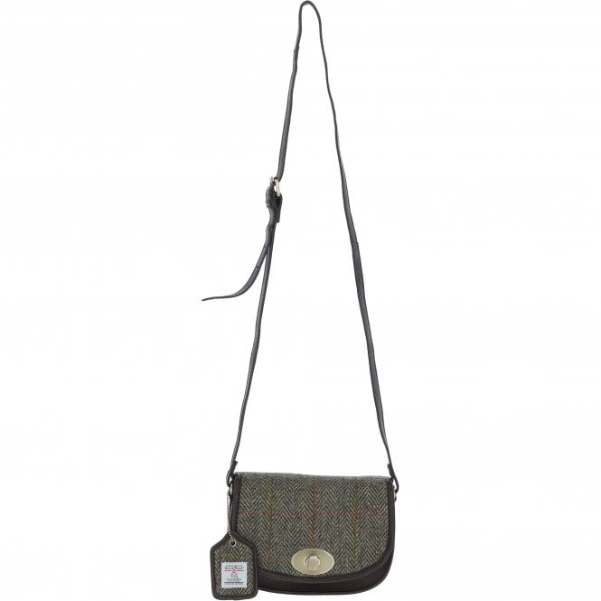 Ashwood Leather & Harris Tweed® Cloth Saddle Crossbody Bag with Twist Lock Brown/Green: TW-30-09-BG