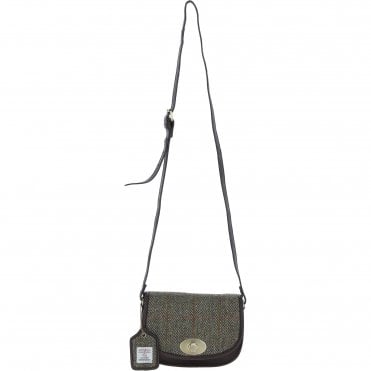 Ashwood Leather & Harris Tweed® Cloth Saddle Crossbody Bag with Twist Lock Brown/Green: TW-30-09-BG