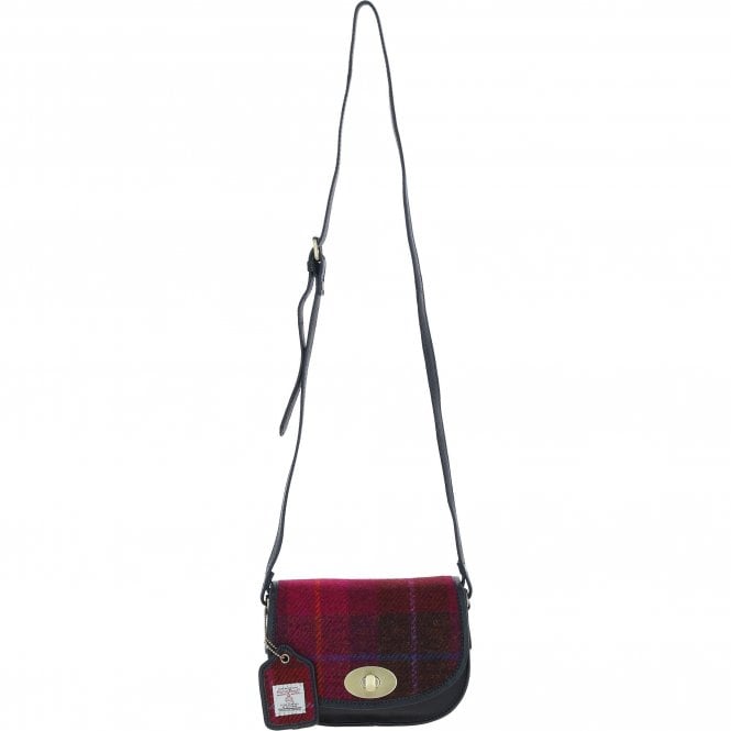 Ashwood Leather & Harris Tweed® Cloth Saddle Crossbody Bag with Twist Lock Navy/Pink: TW-30-06-NP
