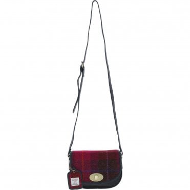 Ashwood Leather & Harris Tweed® Cloth Saddle Crossbody Bag with Twist Lock Navy/Pink: TW-30-06-NP