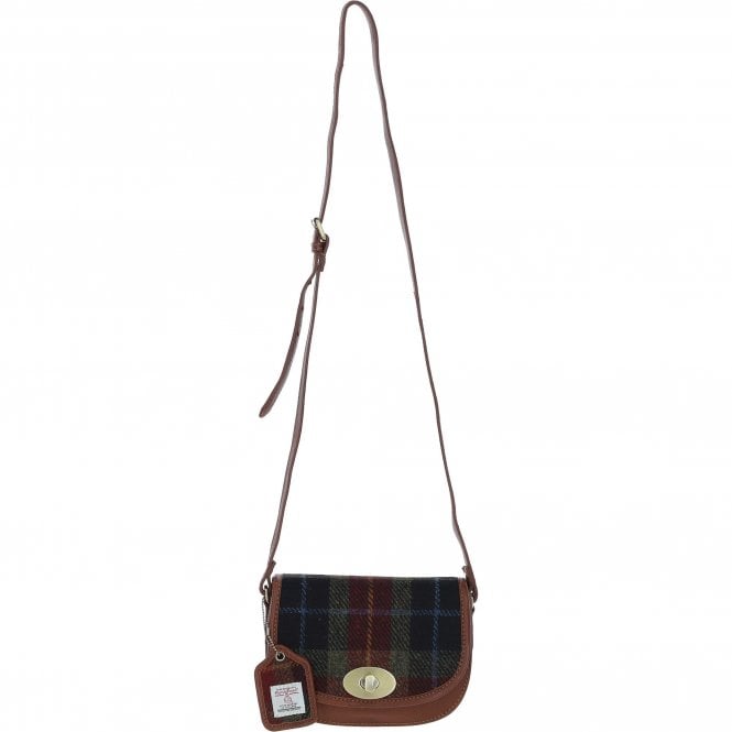 Ashwood Leather & Harris Tweed® Cloth Saddle Crossbody Bag with Twist Lock Tan/Green/Red: TW-30-08-TR