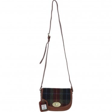 Ashwood Leather & Harris Tweed® Cloth Saddle Crossbody Bag with Twist Lock Tan/Green/Red: TW-30-08-TR