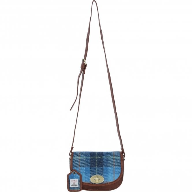 Ashwood Leather & Harris Tweed® Cloth Saddle Crossbody Bag with Twist Lock Tan/LT Blue: TW-30-05-TB