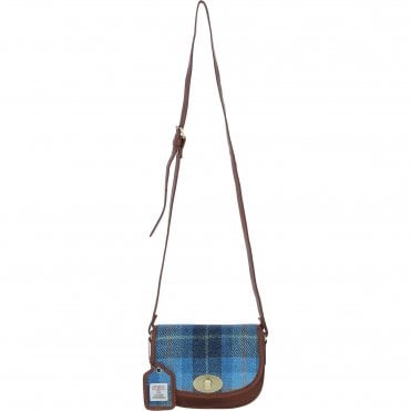 Ashwood Leather & Harris Tweed® Cloth Saddle Crossbody Bag with Twist Lock Tan/LT Blue: TW-30-05-TB