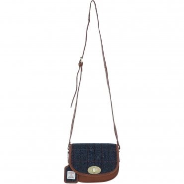 Ashwood Leather & Harris Tweed® Cloth Saddle Crossbody Bag with Twist Lock Tan/Navy: TW-30-011-TN