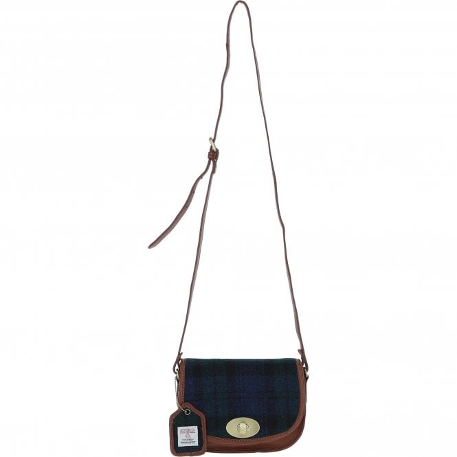 Ashwood Leather & Harris Tweed® Cloth Saddle Crossbody Bag with Twist Lock Tan/Watch: TW-30-04-TW