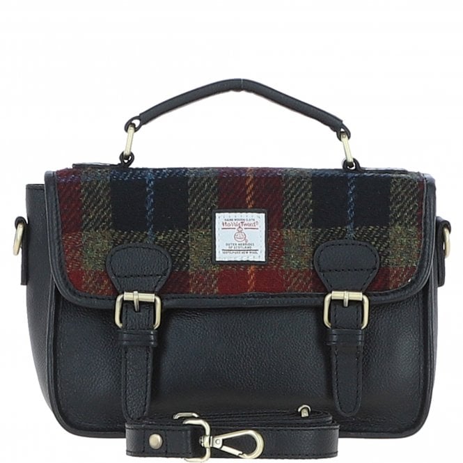 Ashwood Leather & Harris Tweed® Cloth Satchel Bag Black/Green/Red: TW-68-07-BR