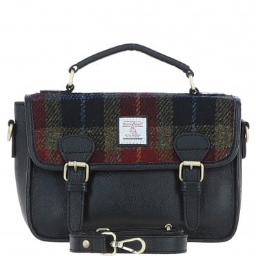 Ashwood Leather & Harris Tweed® Cloth Satchel Bag Black/Green/Red: TW-68-07-BR