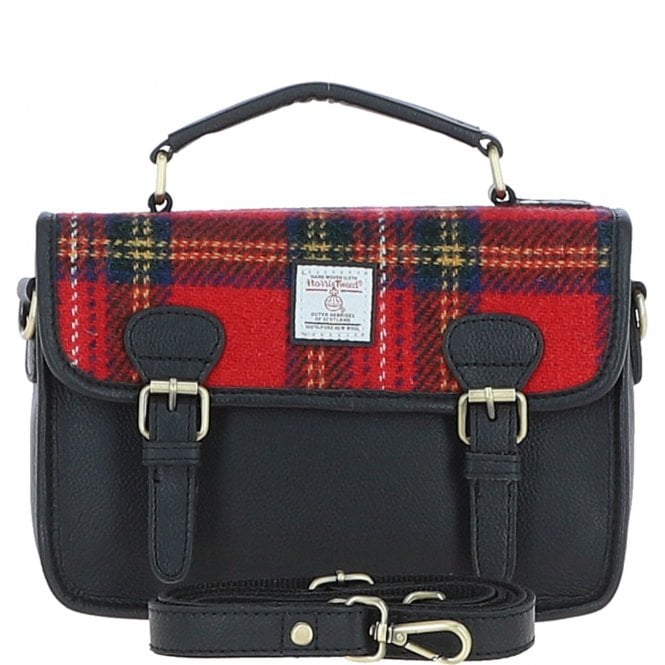 Ashwood Leather & Harris Tweed® Cloth Satchel Bag Black/Red: TW-68-14-BR