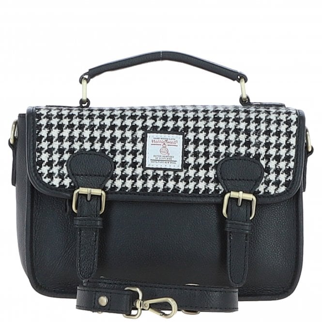Ashwood Leather & Harris Tweed® Cloth Satchel Bag Black/White: TW-68-12-BW