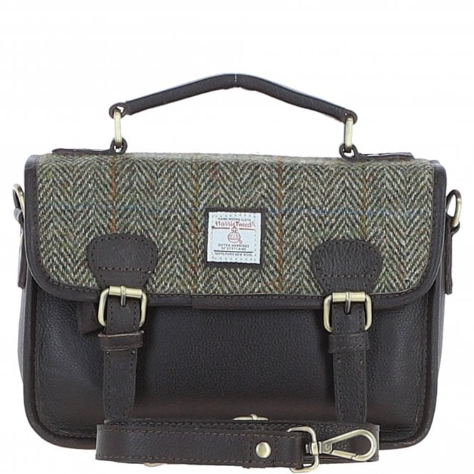 Ashwood Leather & Harris Tweed® Cloth Satchel Bag Brown/Green: TW-68-09-BG