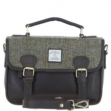 Ashwood Leather & Harris Tweed® Cloth Satchel Bag Brown/Green: TW-68-09-BG
