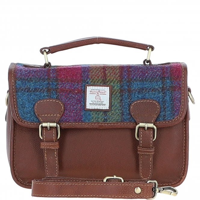 Ashwood Leather & Harris Tweed® Cloth Satchel Bag Tan/Purple: TW-68-13-TP
