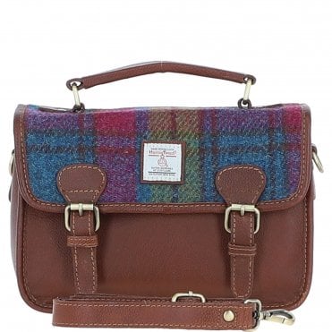 Ashwood Leather & Harris Tweed® Cloth Satchel Bag Tan/Purple: TW-68-13-TP