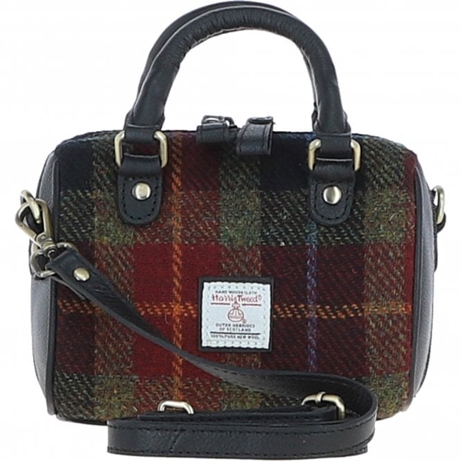 Ashwood Leather & Harris Tweed® Cloth Small Barrel Bag Black/Green/Red: TW-61-07-BR