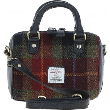 Ashwood Leather & Harris Tweed® Cloth Small Barrel Bag Black/Green/Red: TW-61-07-BR