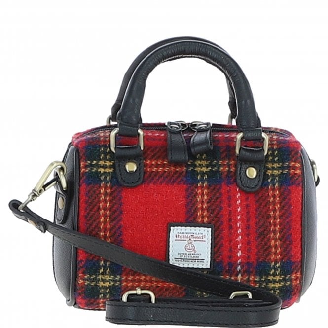 Ashwood Leather & Harris Tweed® Cloth Small Barrel Bag Black/Red: TW-61-14-BR