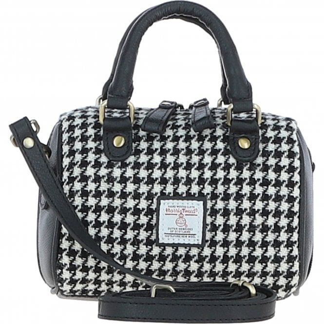 Ashwood Leather & Harris Tweed® Cloth Small Barrel Bag Black/White: TW-61-12-BW