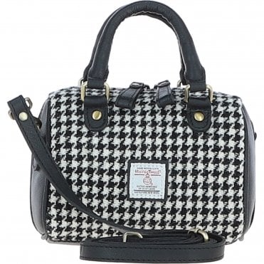 Ashwood Leather & Harris Tweed® Cloth Small Barrel Bag Black/White: TW-61-12-BW