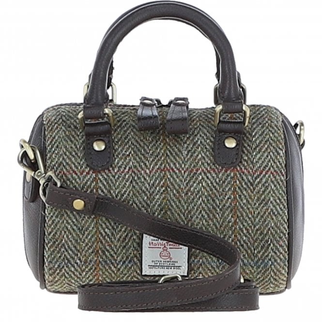 Ashwood Leather & Harris Tweed® Cloth Small Barrel Bag Brown/green: TW-61-09-BG