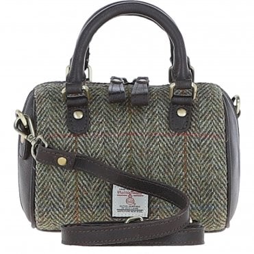 Ashwood Leather & Harris Tweed® Cloth Small Barrel Bag Brown/green: TW-61-09-BG