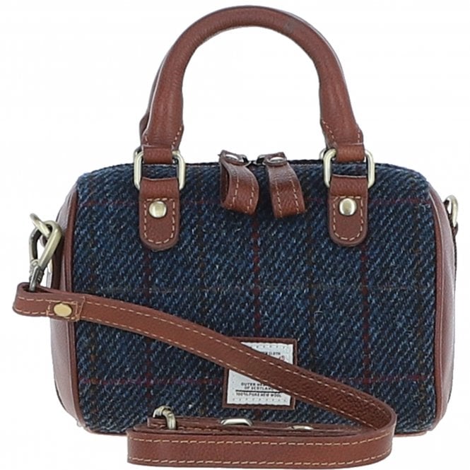 Ashwood Leather & Harris Tweed® Cloth Small Barrel Bag Tan/Navy: TW-61-11-TN