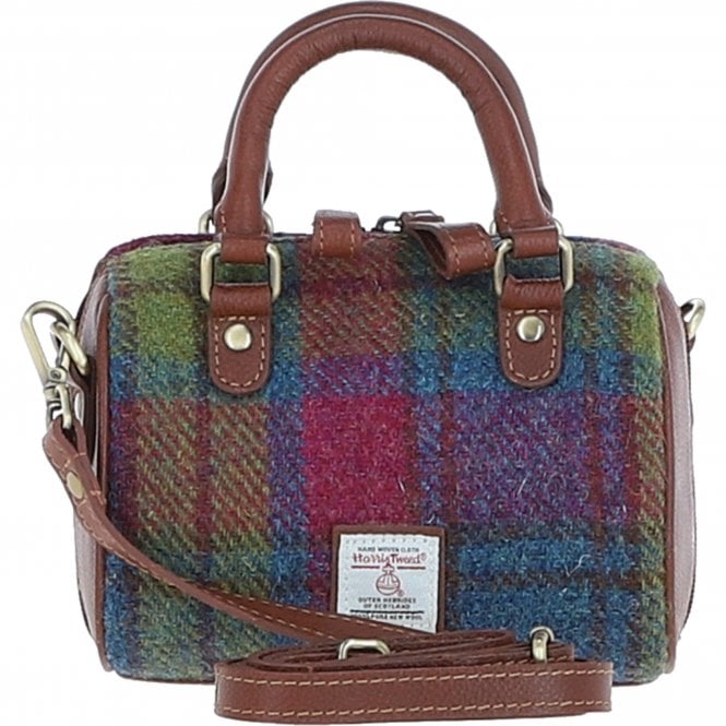 Ashwood Leather & Harris Tweed® Cloth Small Barrel Bag Tan/Purple: TW-61-13-TP