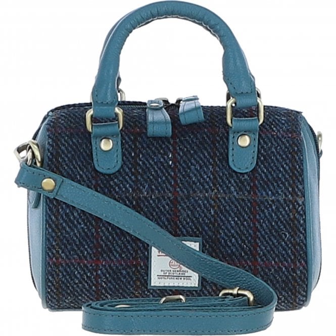 Ashwood Leather & Harris Tweed® Cloth Small Barrel Bag Teal/Navy: TW-61-16-TN
