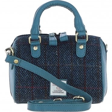 Ashwood Leather & Harris Tweed® Cloth Small Barrel Bag Teal/Navy: TW-61-16-TN