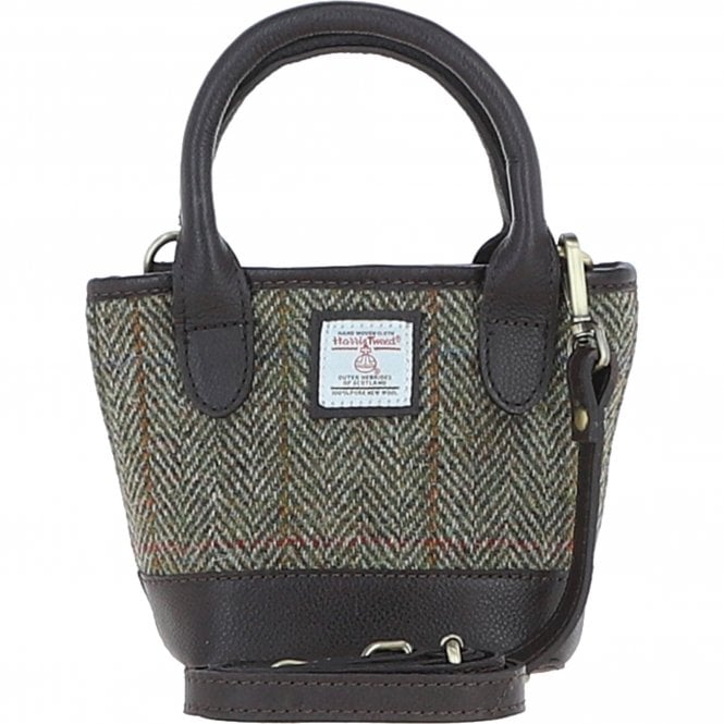 Ashwood Leather & Harris Tweed® Cloth Small Grab Bag Brown/Green: TW-63-09-BG