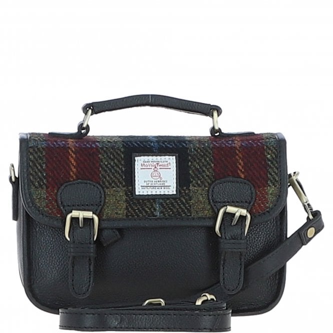 Ashwood Leather & Harris Tweed® Cloth Small Satchel Bag Black/Green/Red: TW-67-07-BR