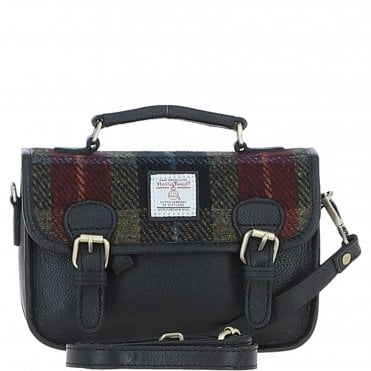 Ashwood Leather & Harris Tweed® Cloth Small Satchel Bag Black/Green/Red: TW-67-07-BR