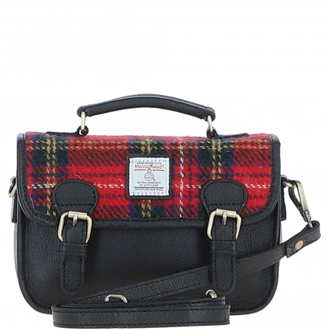 Ashwood Leather & Harris Tweed® Cloth Small Satchel Bag Black/Red: TW-67-14-BR
