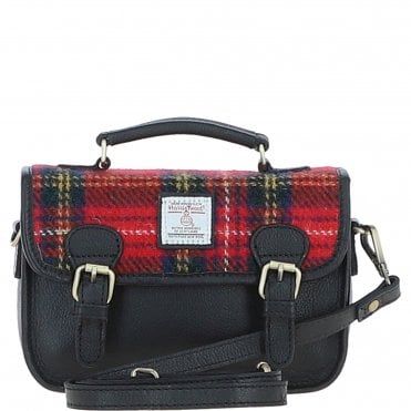 Ashwood Leather & Harris Tweed® Cloth Small Satchel Bag Black/Red: TW-67-14-BR