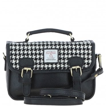 Ashwood Leather & Harris Tweed® Cloth Small Satchel Bag Black/White: TW-67-12-BW
