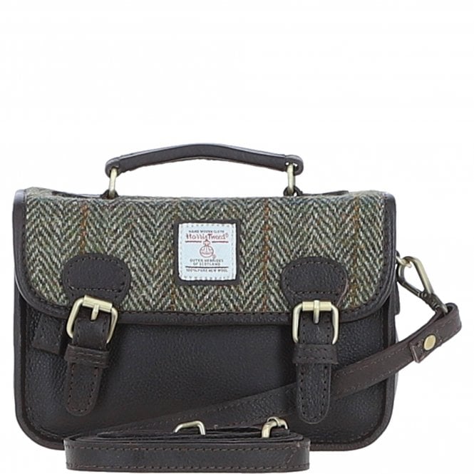 Ashwood Leather & Harris Tweed® Cloth Small Satchel Bag Brown/Green: TW-67-09-BG