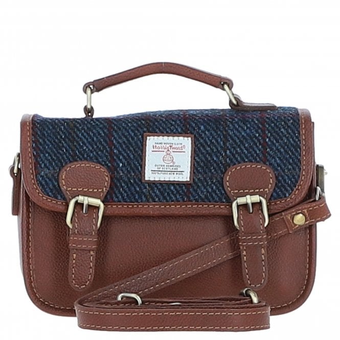 Ashwood Leather & Harris Tweed® Cloth Small Satchel Bag Tan/Navy: TW-67-11-TN