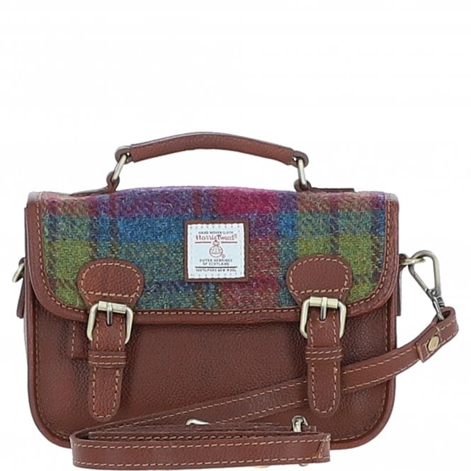 Ashwood Leather & Harris Tweed® Cloth Small Satchel Bag Tan/Purple: TW-67-13-TP