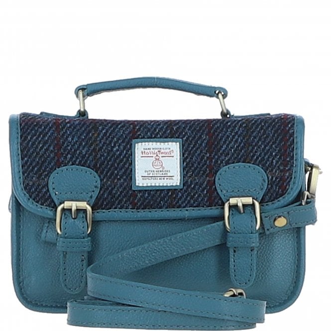 Ashwood Leather & Harris Tweed® Cloth Small Satchel Bag Teal/Navy: TW-67-16-TN