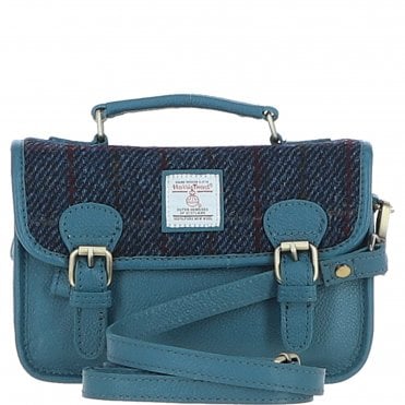Ashwood Leather & Harris Tweed® Cloth Small Satchel Bag Teal/Navy: TW-67-16-TN