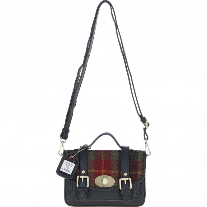 Ashwood Leather & Harris Tweed® Cloth Small Satchel Bag with Twist Lock Black/Green/Red: TW-33-07-BR